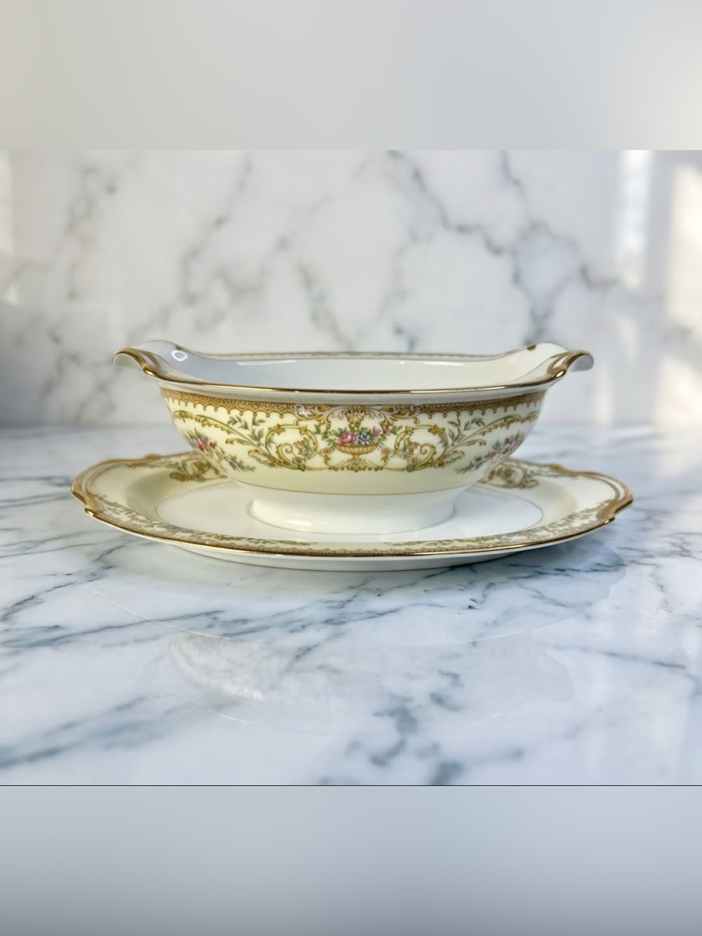 Noritake Nanette 683 Porcelain Floral Gold Gravy Boat & Underplate Set-AS IS